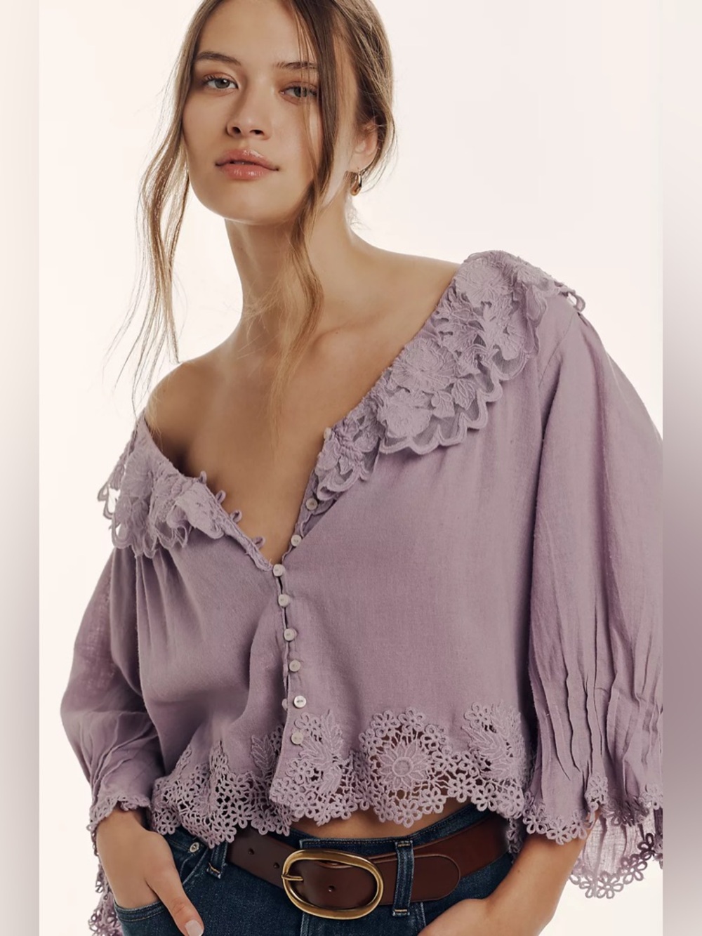 By Anthropologie Linen Lace-Collar Blouse
